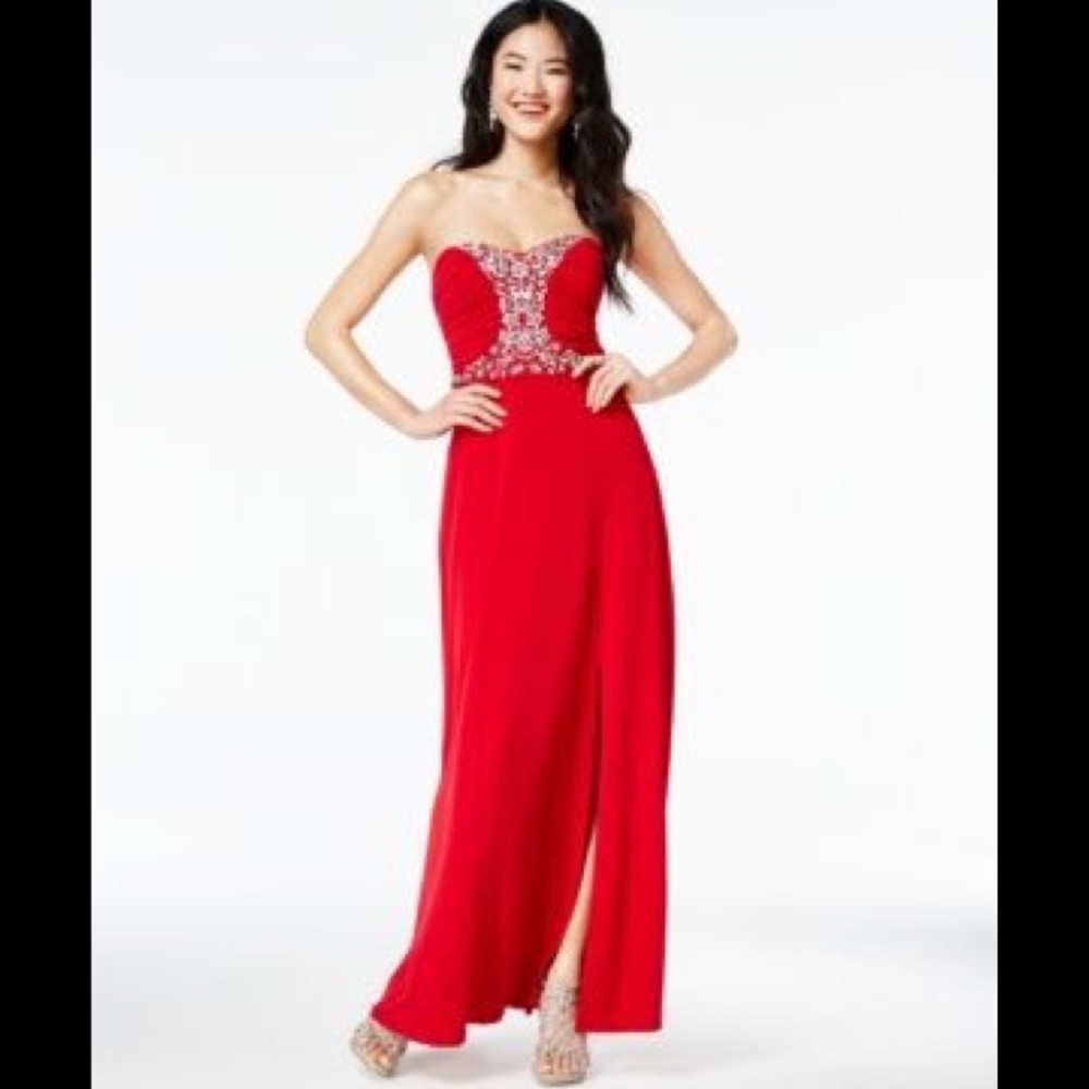 Red BCX Juniors' Strapless Beaded Gown prom